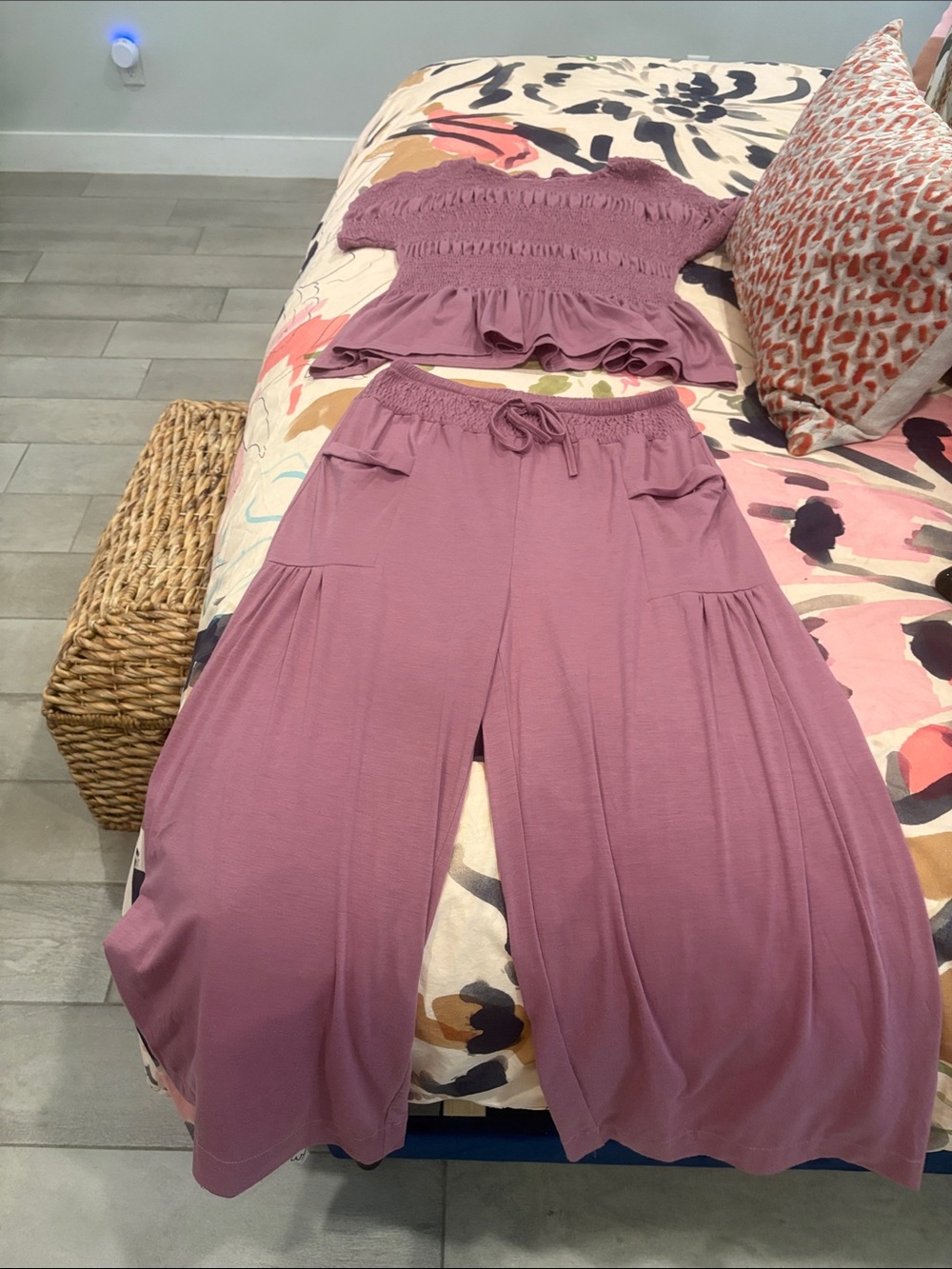 Dusty Mauve Smocked Peplum Top & Wide Leg Cargo Pants 2 Piece Set